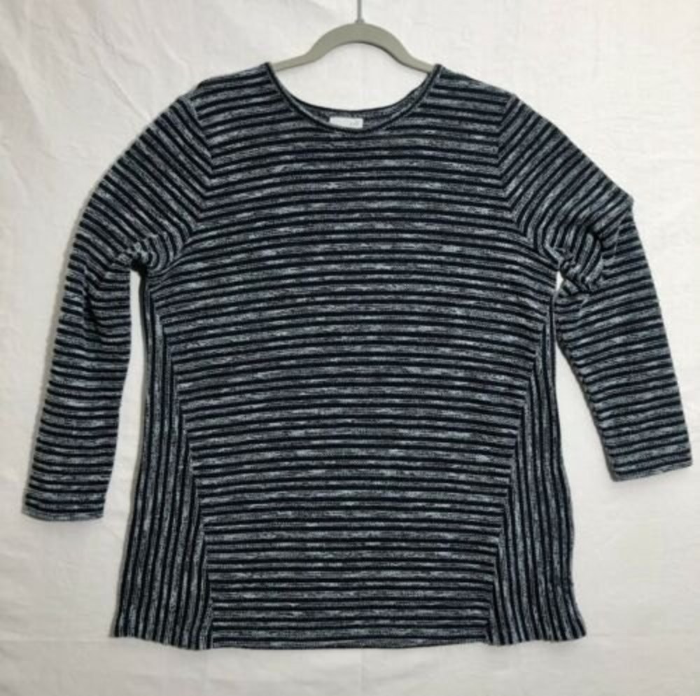 J. Jill Sweater Women's LP, Lightweight, Petite, Slub Knit, Black Gray Stripe